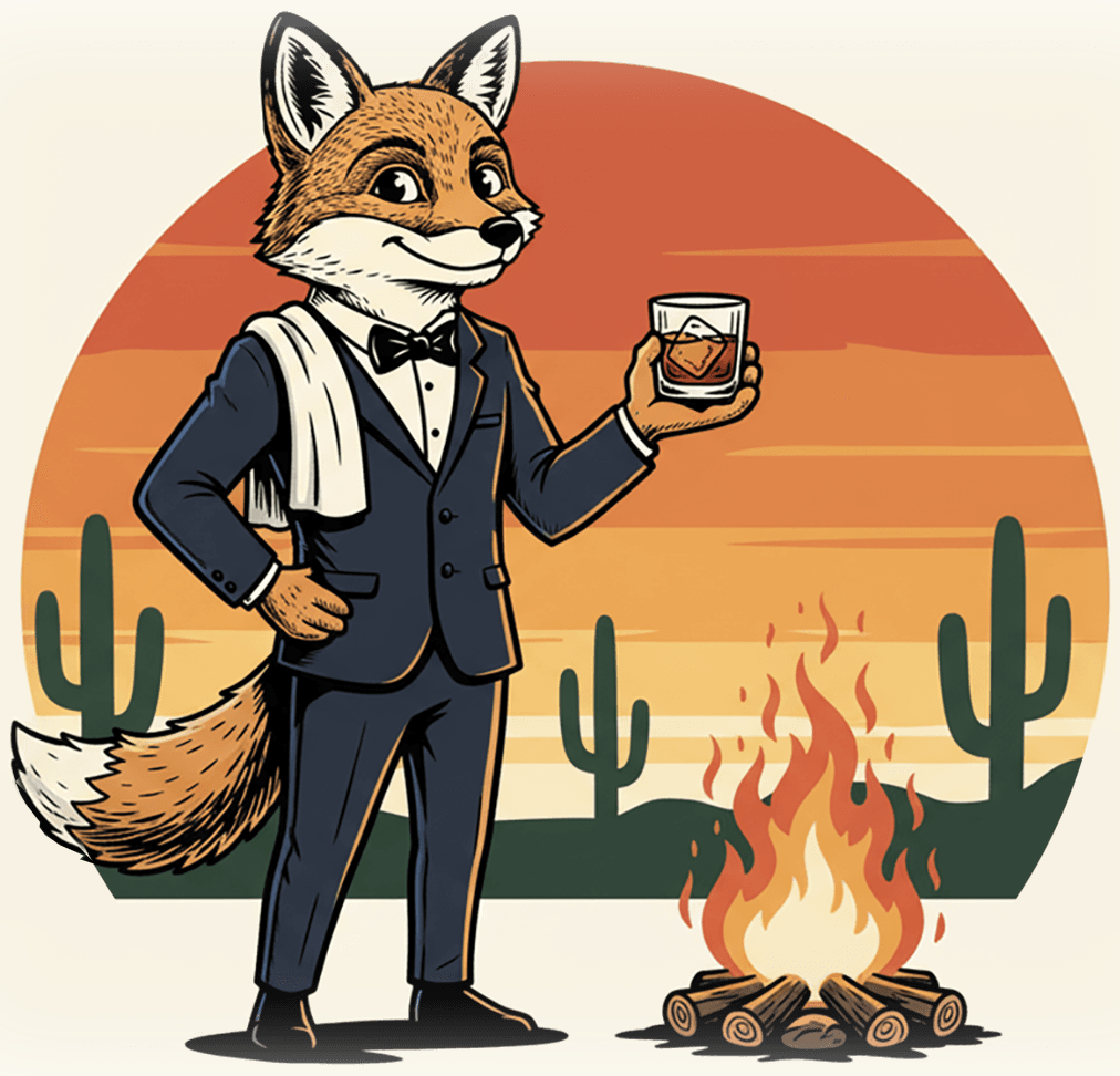 A well-dressed fox holding a cocktail by a campfire at sunset